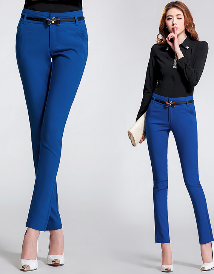 浅蓝色轻商务风范 韩兰卡2016新款修身小脚裤的OL穿搭新选择